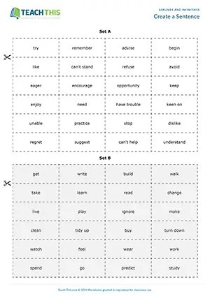 Gerunds and infinitives game, forming sentences from prompts, group work, B1