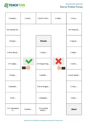 Gerunds and infinitives board game, forming statements, true or false, group work, B1