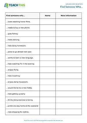 Gerunds and infinitives speaking activity, asking and answering, controlled and freer, A2