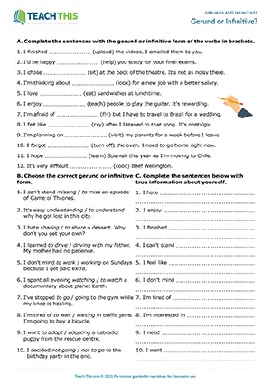 Gerund or infinitive worksheet, gap-fill, sentence completion, discussion, pair work, B1