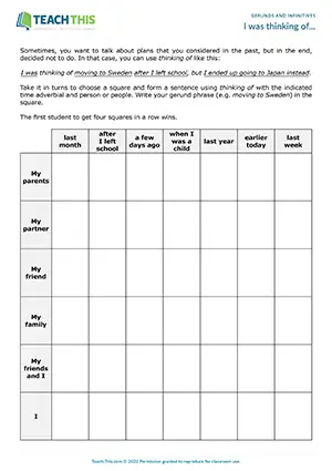 Gerunds grammar game, past plans, intentions, Connect 4, pair work, upper-intermediate