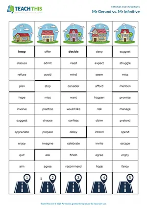 Gerunds and infinitives board game, matching, forming sentences, pair work, B1