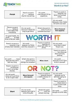Gerunds board game, sentence completion, group work, upper-intermediate