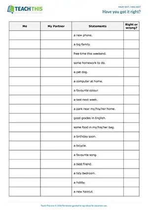 ESL have got sentence guessing game for A2: students guess and check statements about possessions with a partner