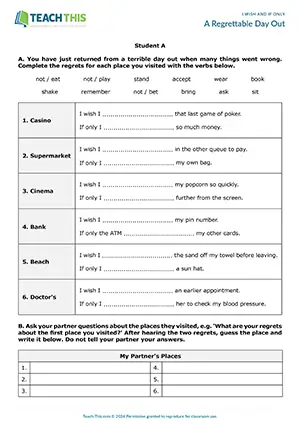 ESL I wish/If only game for B2: students express regrets and guess places visited after a bad day out