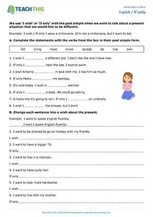 ESL worksheet for I wish / If only with grammar, writing, and sentence completion for B1 intermediate
