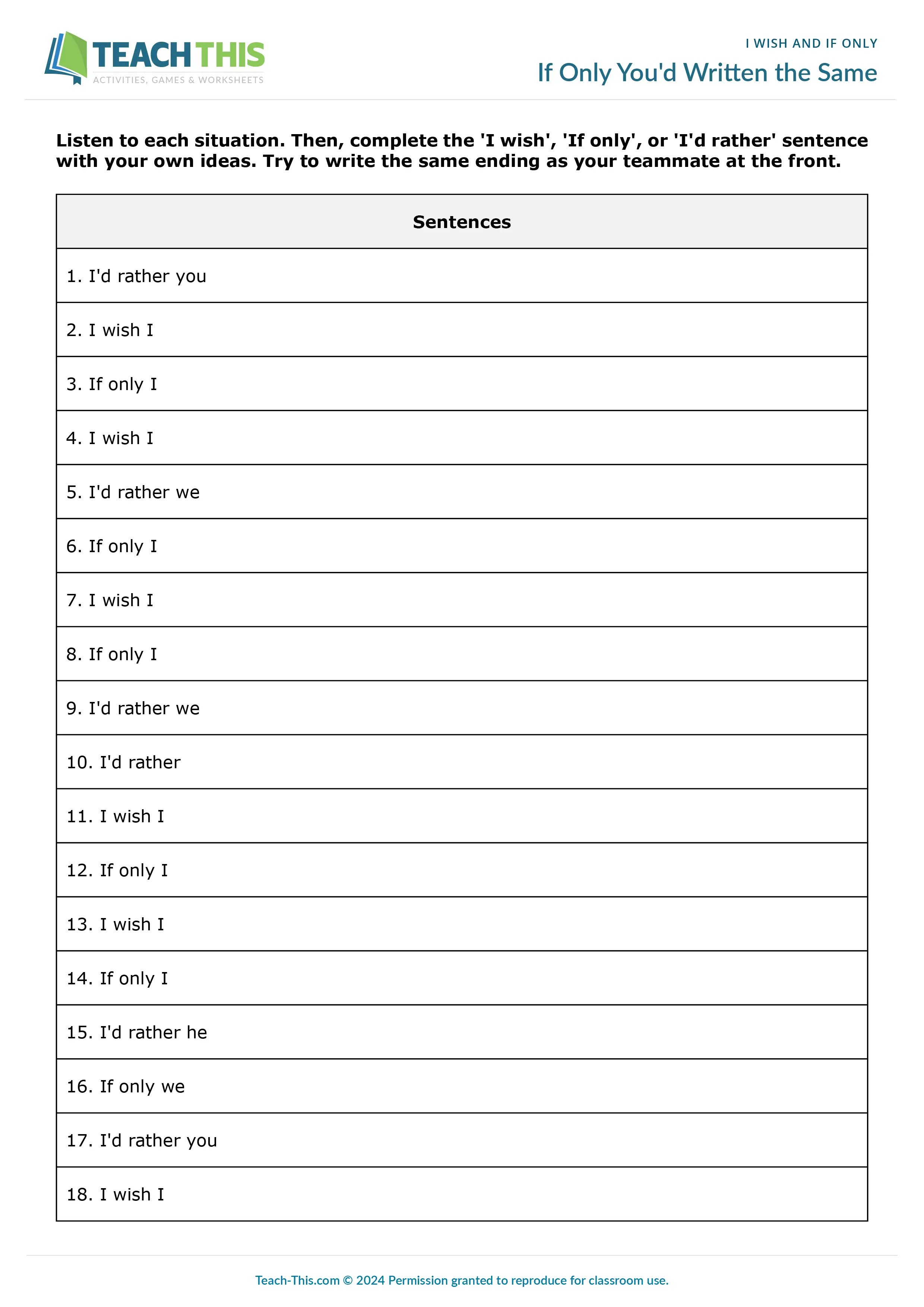 ESL past regrets game using I wish, If only and I'd rather for upper-intermediate B2: sentence completion, guessing, group work