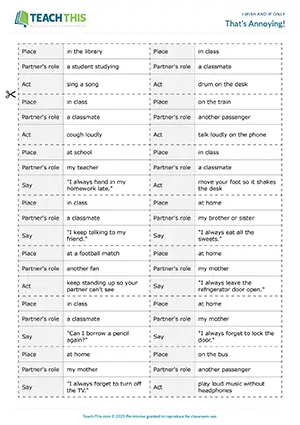 ESL I wish/If only game for B1: role-play expressing annoyance, using situation and action cards