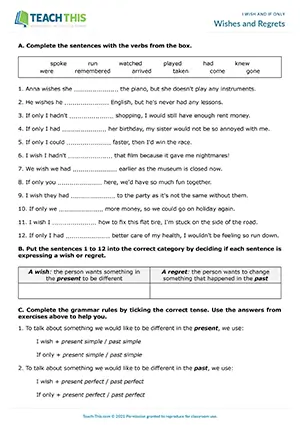 ESL worksheet for wishes and regrets with gap-fill and sentence completion, B1 intermediate