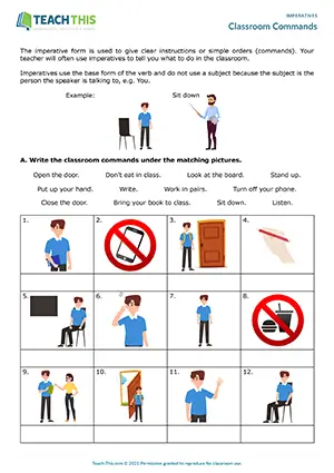 ESL classroom imperatives worksheet preview for A1-A2: matching, unscrambling, writing classroom commands