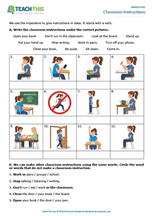 ESL classroom imperatives worksheet preview for A1-A2: matching, unscrambling, writing classroom commands