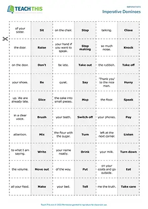 ESL imperatives dominoes game for A2: students match words to form imperatives in group work