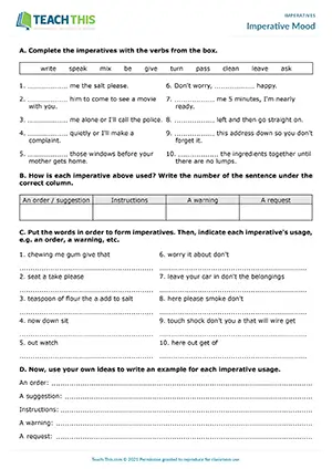 ESL worksheet for imperative mood: gap-fill, categorising, unscrambling, and writing exercises for A2