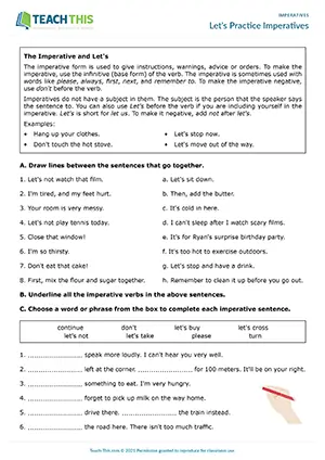 ESL worksheet Let's Practice Imperatives for A2: matching, identifying, gap-fill, and writing sentences