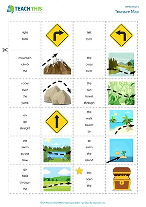 ESL imperatives speaking activity for A1-A2: students give each other instructions and follow a treasure map