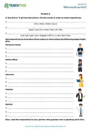 ESL imperatives game for B1: students unscramble, write, and guess who would give each order or instruction