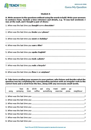 ESL game for irregular verbs: students answer and complete questions using past tense forms in pairs