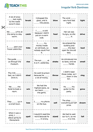 ESL dominoes game for irregular verbs: students match base and past forms and complete sentences