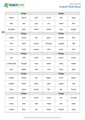 ESL irregular verbs bingo game for A2: students match infinitive and past simple forms to win