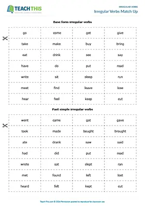 ESL matching game for irregular verbs: students pair infinitive and past forms and make sentences