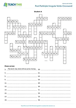 ESL activity for B1: students write and guess past participle irregular verbs to complete a crossword