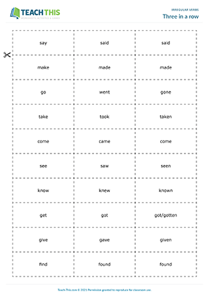 Past Tense Regular & Irregular Verbs List Printable Resource