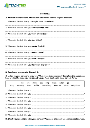 irregular verbs past activities last worksheets participle teach esl games simple correct game