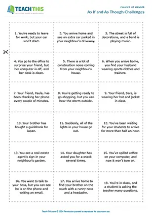 ESL as if and as though game for upper-intermediate B2: matching, forming sentences from prompts, group grammar practice