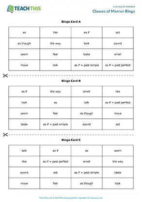 ESL clauses of manner game for upper-intermediate B2: bingo, guessing, forming sentences from prompts, group work