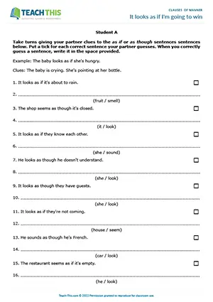 ESL as if and as though game for upper-intermediate B2: giving clues, guessing, sentence formation, pair practice
