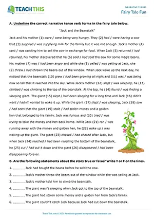 ESL worksheet for narrative tenses: students read, complete, and rewrite fairy tales for B1