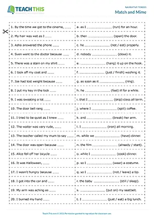 ESL narrative tenses pelmanism and miming games for B1: matching, gap-fill, and acting out stories