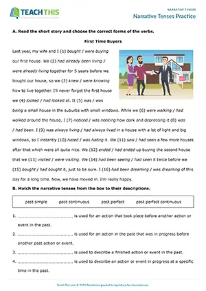 ESL worksheet for narrative tenses: story reading, binary choice, matching, writing, and gap-fill for B1