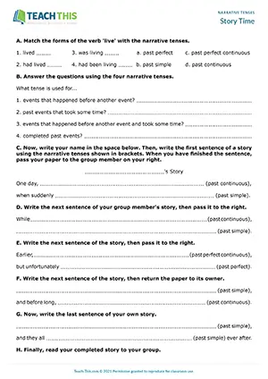 ESL narrative tenses story writing activity for B1: matching, answering questions, guided group story writing