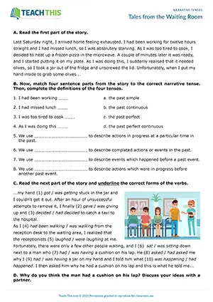ESL narrative tenses worksheet for B2: reading, matching, gap-fill, binary choice, guided discussion