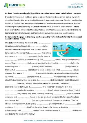 ESL worksheet for narrative tenses: grammar, reading, gap-fill, story telling for B2 groups