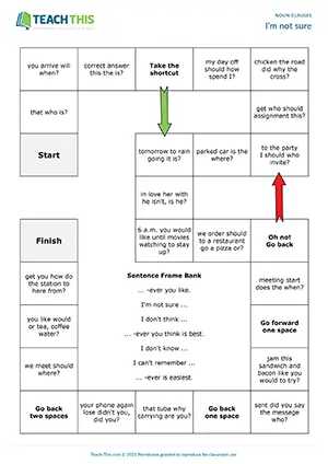 ESL noun clauses board game for B2: unscrambling, asking, and answering with noncommittal responses