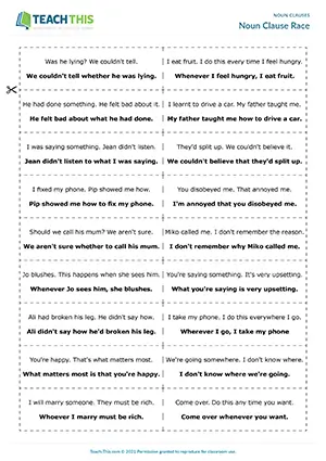 ESL noun clause game for B1: students listen, combine sentences, and race to form noun clause structures