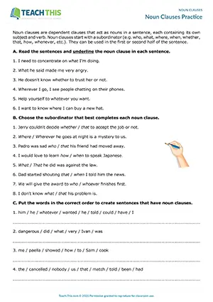 ESL noun clauses worksheet for B1: identifying, binary choice, unscrambling, matching, gap-fill, completion