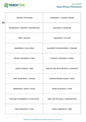 ESL noun phrase pelmanism game for B2: students match verb phrases to prompts and form noun phrases