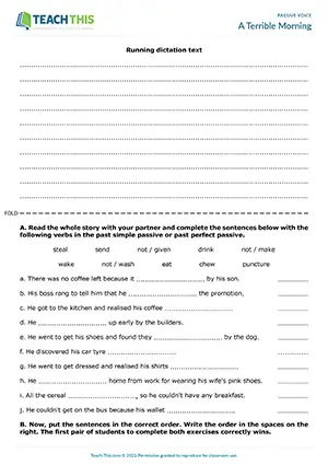 Passive voice running dictation activity for B1: students dictate, complete, and order passive sentences