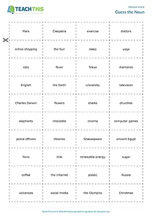 Passive voice group game for B2: describe nouns using passive reporting verbs, others guess the noun