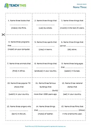 Passive voice 'Name Three' game for B1: students create and answer passive questions in groups