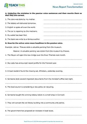 Passive voice worksheet for B1: error correction, rewriting in passive, and presenting news reports