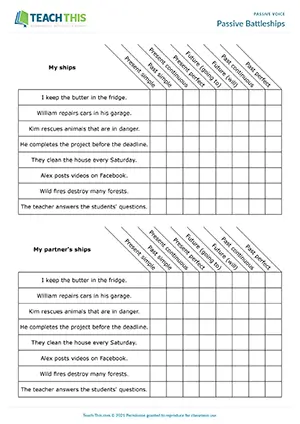 Passive voice battleships game for B2: students form passive sentences in eight tenses and find ships
