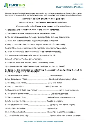 Passive infinitive worksheet for B2: circle, complete, rewrite, and form passive infinitive sentences