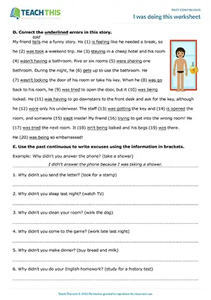 Past continuous worksheet for A2: students match, identify, fill gaps, correct errors, and write sentences