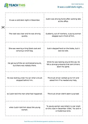 Past continuous ghost story activity for A2: order and dictate sentences to reconstruct the story