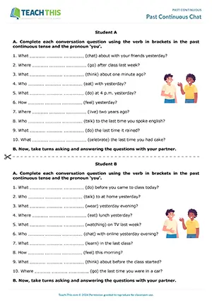 Past continuous chat activity for A2: students form, ask, and answer conversation questions in pairs