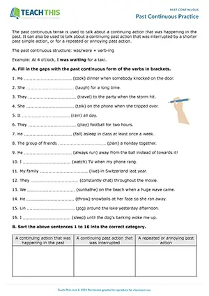 Past continuous worksheet for B1: gap-fill, changing word forms, categorising, matching sentences